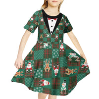 Christmas Patchwork Fake Tuxedo Kid Short Sleeve Dress Santa and Reindeer Green Plaid Style - Wonder Print Shop