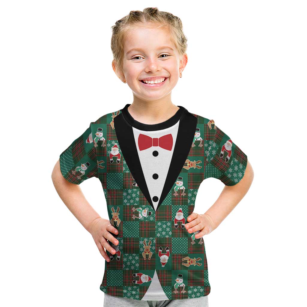 Christmas Patchwork Fake Tuxedo Kid T Shirt Santa and Reindeer Green Plaid Style - Wonder Print Shop