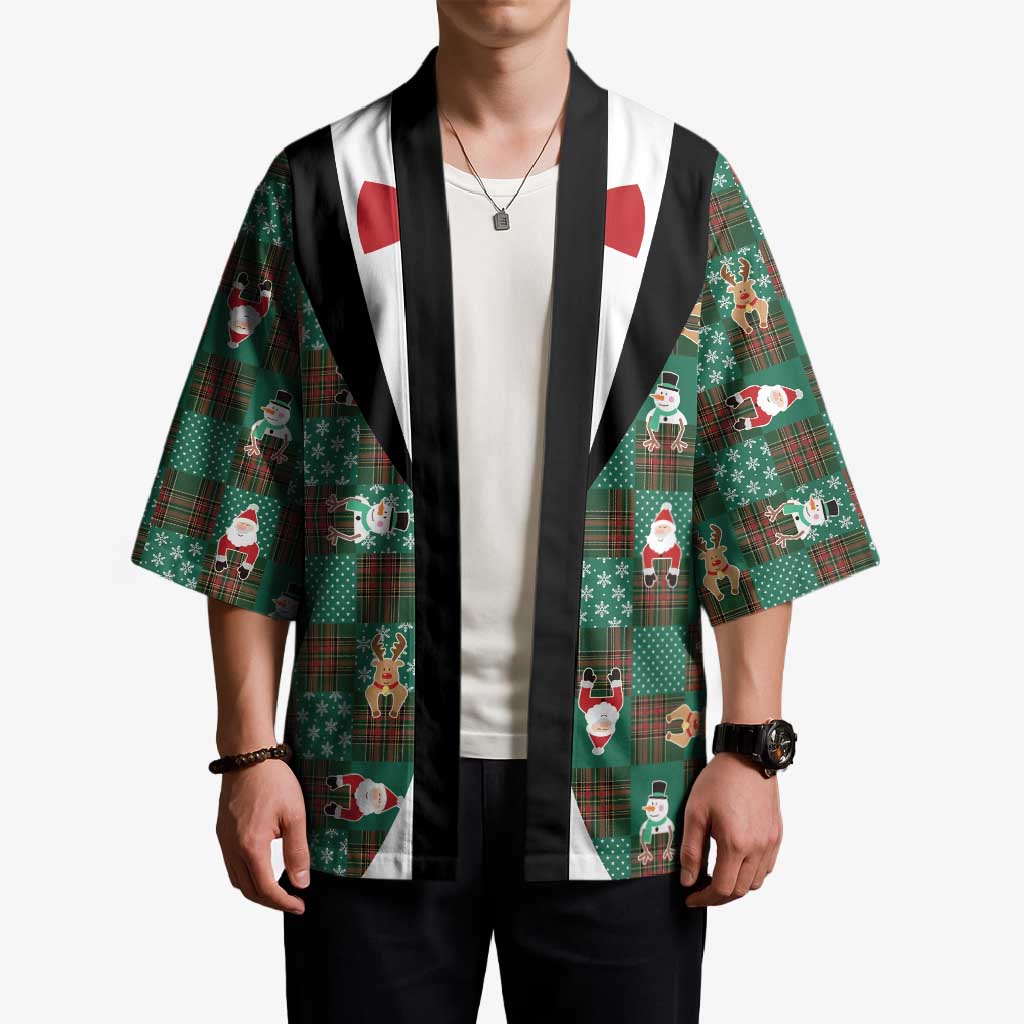 Christmas Patchwork Fake Tuxedo Kimono Santa and Reindeer Green Plaid Style - Wonder Print Shop