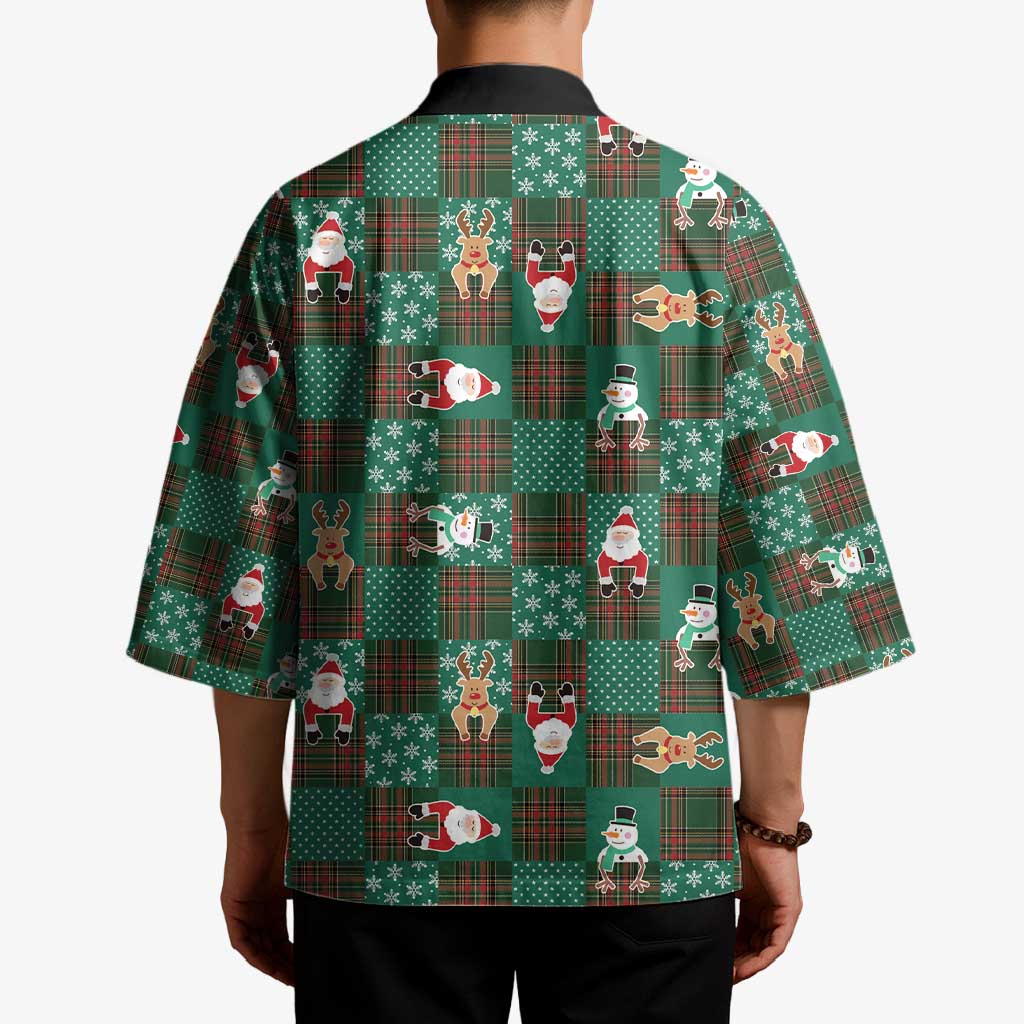Christmas Patchwork Fake Tuxedo Kimono Santa and Reindeer Green Plaid Style - Wonder Print Shop