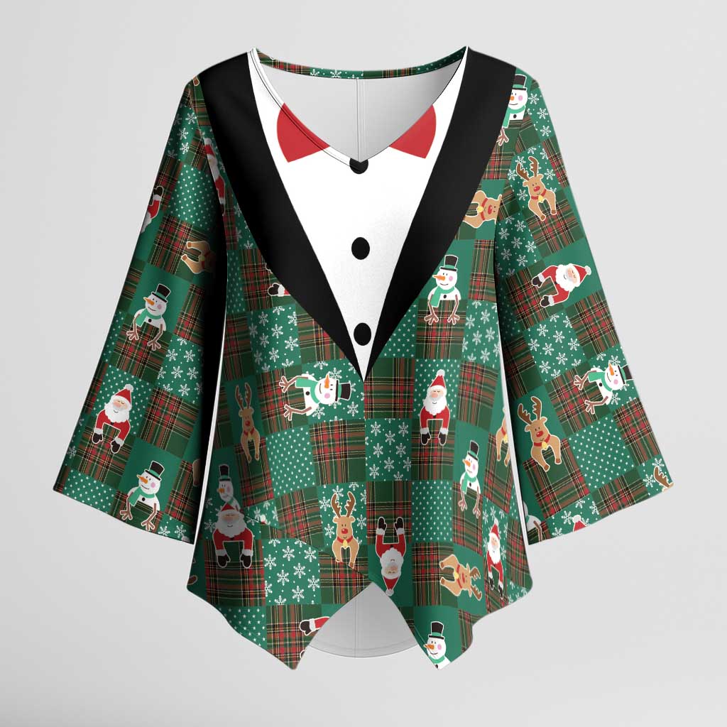 Christmas Patchwork Fake Tuxedo Kimono Sleeve Blouse Santa and Reindeer Green Plaid Style - Wonder Print Shop