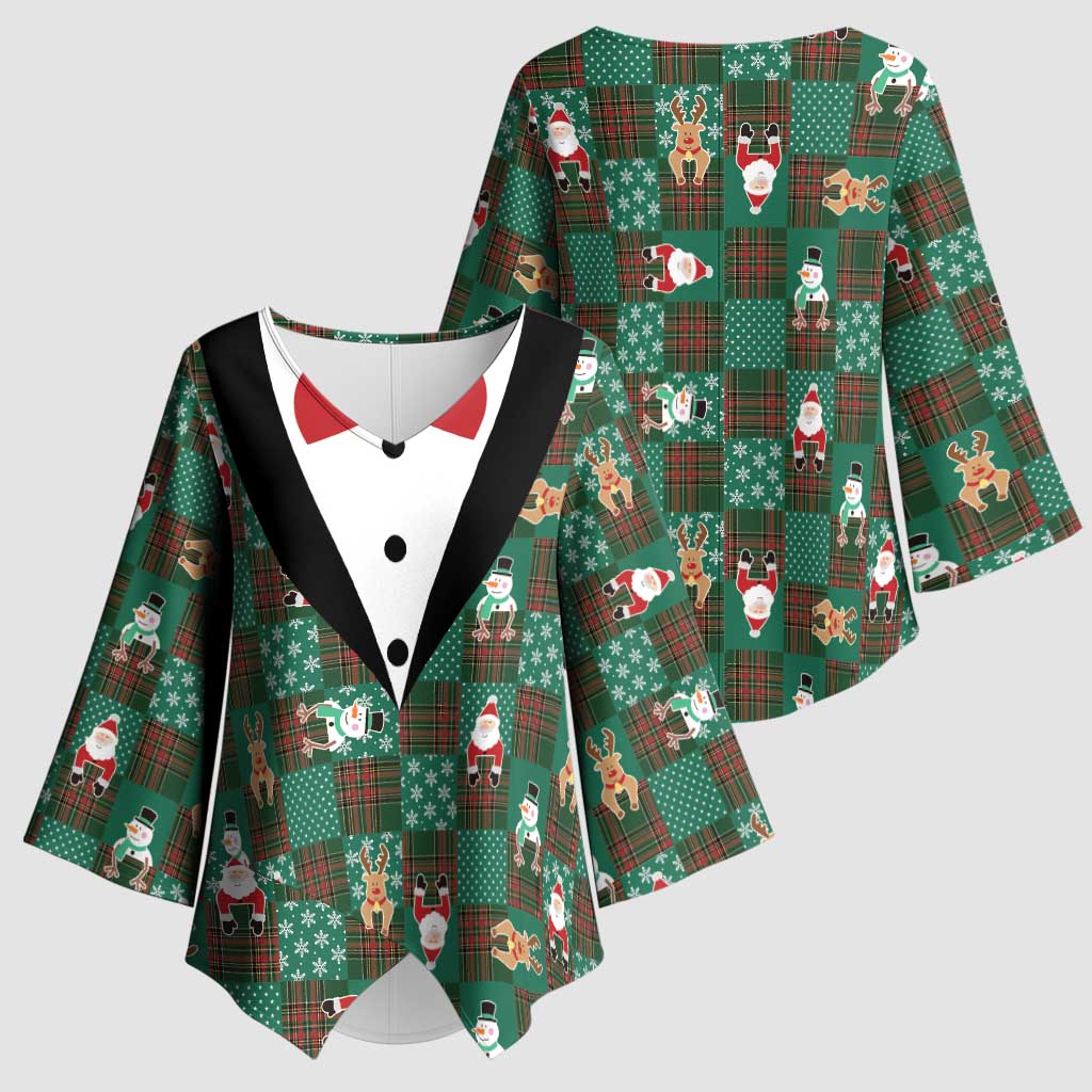 Christmas Patchwork Fake Tuxedo Kimono Sleeve Blouse Santa and Reindeer Green Plaid Style - Wonder Print Shop