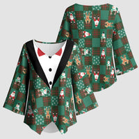 Christmas Patchwork Fake Tuxedo Kimono Sleeve Blouse Santa and Reindeer Green Plaid Style - Wonder Print Shop