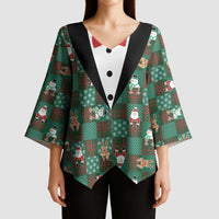 Christmas Patchwork Fake Tuxedo Kimono Sleeve Blouse Santa and Reindeer Green Plaid Style - Wonder Print Shop