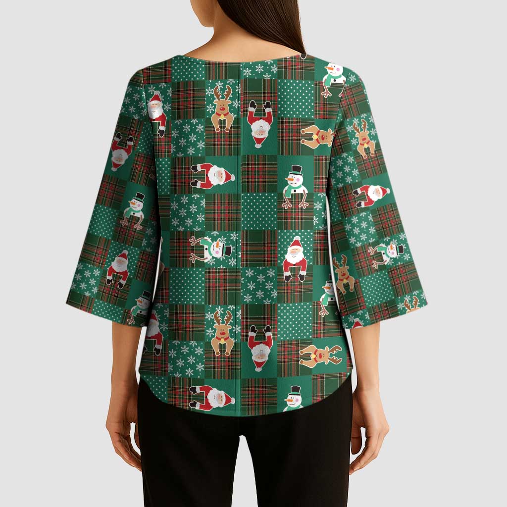 Christmas Patchwork Fake Tuxedo Kimono Sleeve Blouse Santa and Reindeer Green Plaid Style - Wonder Print Shop