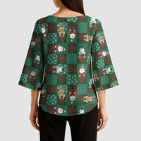 Christmas Patchwork Fake Tuxedo Kimono Sleeve Blouse Santa and Reindeer Green Plaid Style - Wonder Print Shop