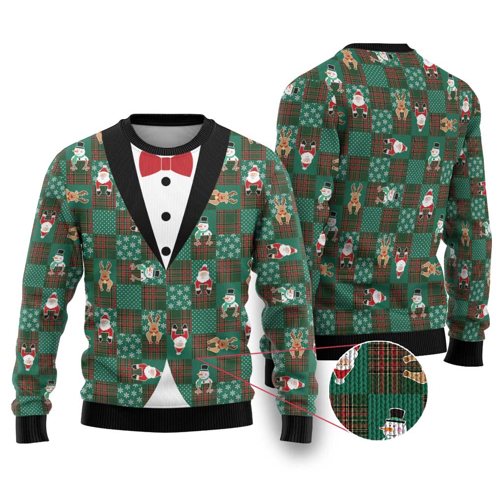 Christmas Patchwork Fake Tuxedo Ugly Christmas Sweater Santa and Reindeer Green Plaid Style - Wonder Print Shop
