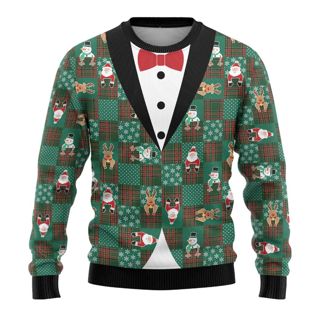 Christmas Patchwork Fake Tuxedo Ugly Christmas Sweater Santa and Reindeer Green Plaid Style - Wonder Print Shop