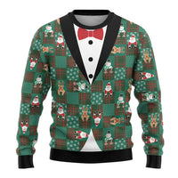 Christmas Patchwork Fake Tuxedo Ugly Christmas Sweater Santa and Reindeer Green Plaid Style - Wonder Print Shop