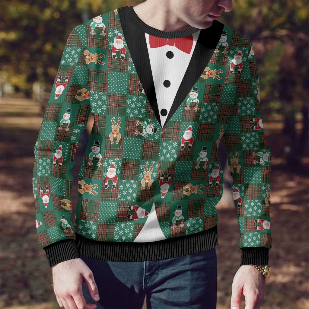 Christmas Patchwork Fake Tuxedo Ugly Christmas Sweater Santa and Reindeer Green Plaid Style - Wonder Print Shop