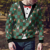 Christmas Patchwork Fake Tuxedo Ugly Christmas Sweater Santa and Reindeer Green Plaid Style - Wonder Print Shop