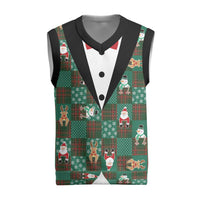 Christmas Patchwork Fake Tuxedo Christmas Knitted V-Neck Vest Santa and Reindeer Green Plaid Style - Wonder Print Shop