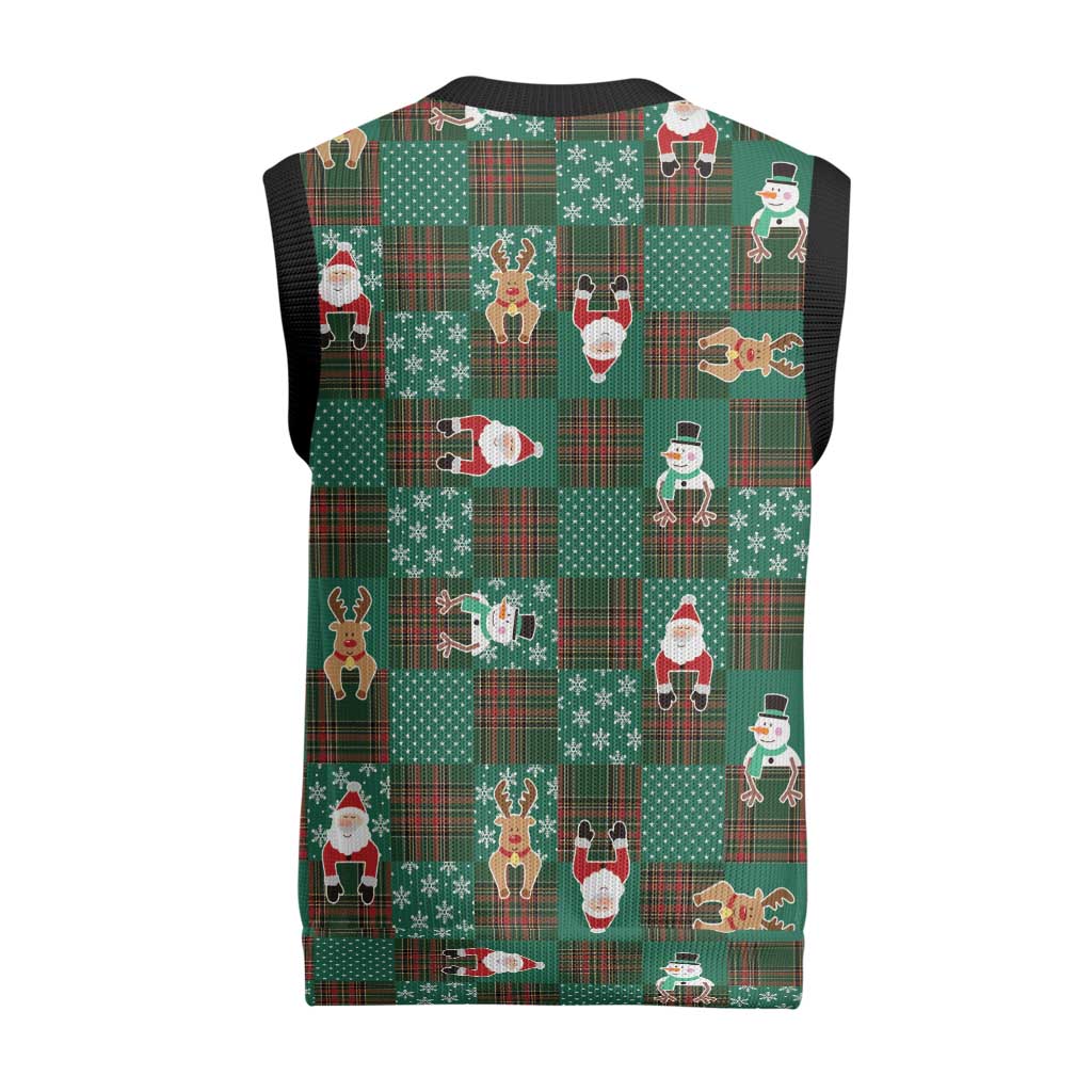 Christmas Patchwork Fake Tuxedo Christmas Knitted V-Neck Vest Santa and Reindeer Green Plaid Style - Wonder Print Shop