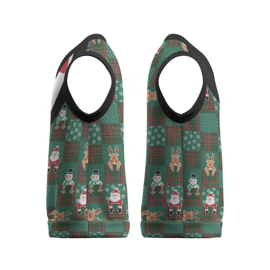 Christmas Patchwork Fake Tuxedo Christmas Knitted V-Neck Vest Santa and Reindeer Green Plaid Style - Wonder Print Shop