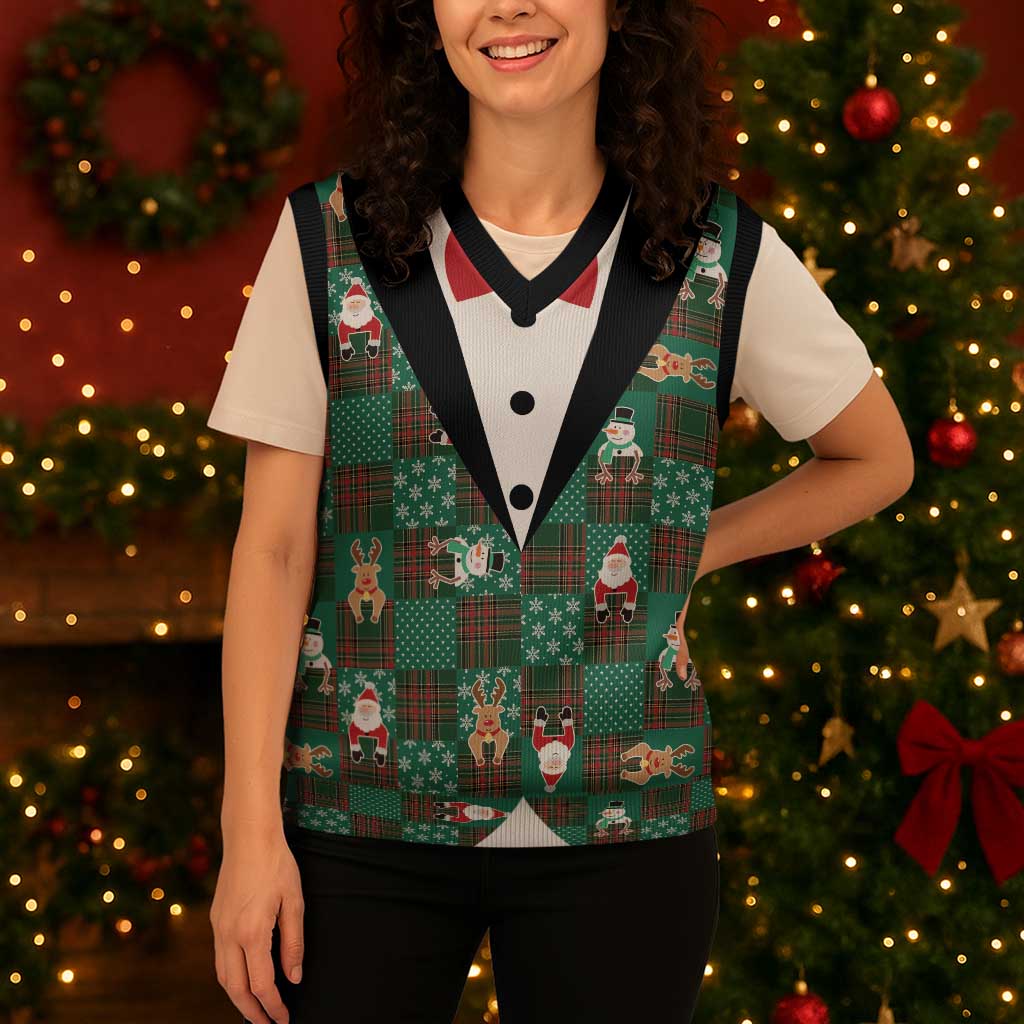 Christmas Patchwork Fake Tuxedo Christmas Knitted V-Neck Vest Santa and Reindeer Green Plaid Style - Wonder Print Shop