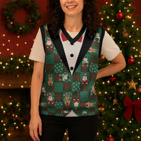 Christmas Patchwork Fake Tuxedo Christmas Knitted V-Neck Vest Santa and Reindeer Green Plaid Style - Wonder Print Shop
