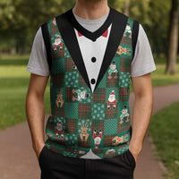 Christmas Patchwork Fake Tuxedo Christmas Knitted V-Neck Vest Santa and Reindeer Green Plaid Style - Wonder Print Shop