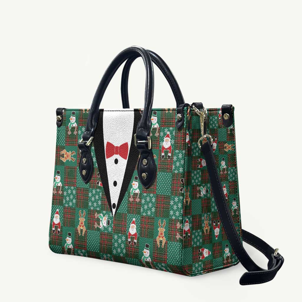 Christmas Patchwork Fake Tuxedo Leather Bag Santa and Reindeer Green Plaid Style - Wonder Print Shop