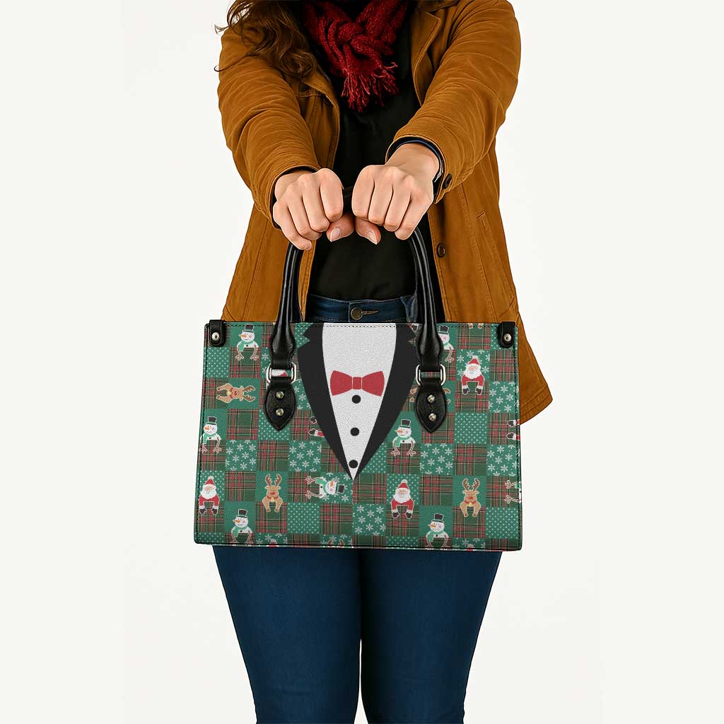 Christmas Patchwork Fake Tuxedo Leather Bag Santa and Reindeer Green Plaid Style - Wonder Print Shop