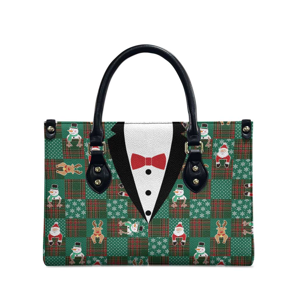 Christmas Patchwork Fake Tuxedo Leather Bag Santa and Reindeer Green Plaid Style - Wonder Print Shop