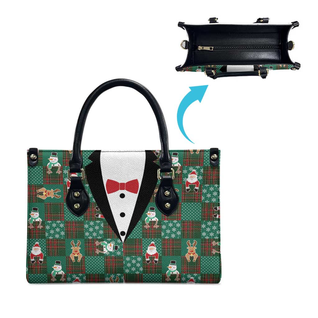Christmas Patchwork Fake Tuxedo Leather Bag Santa and Reindeer Green Plaid Style - Wonder Print Shop