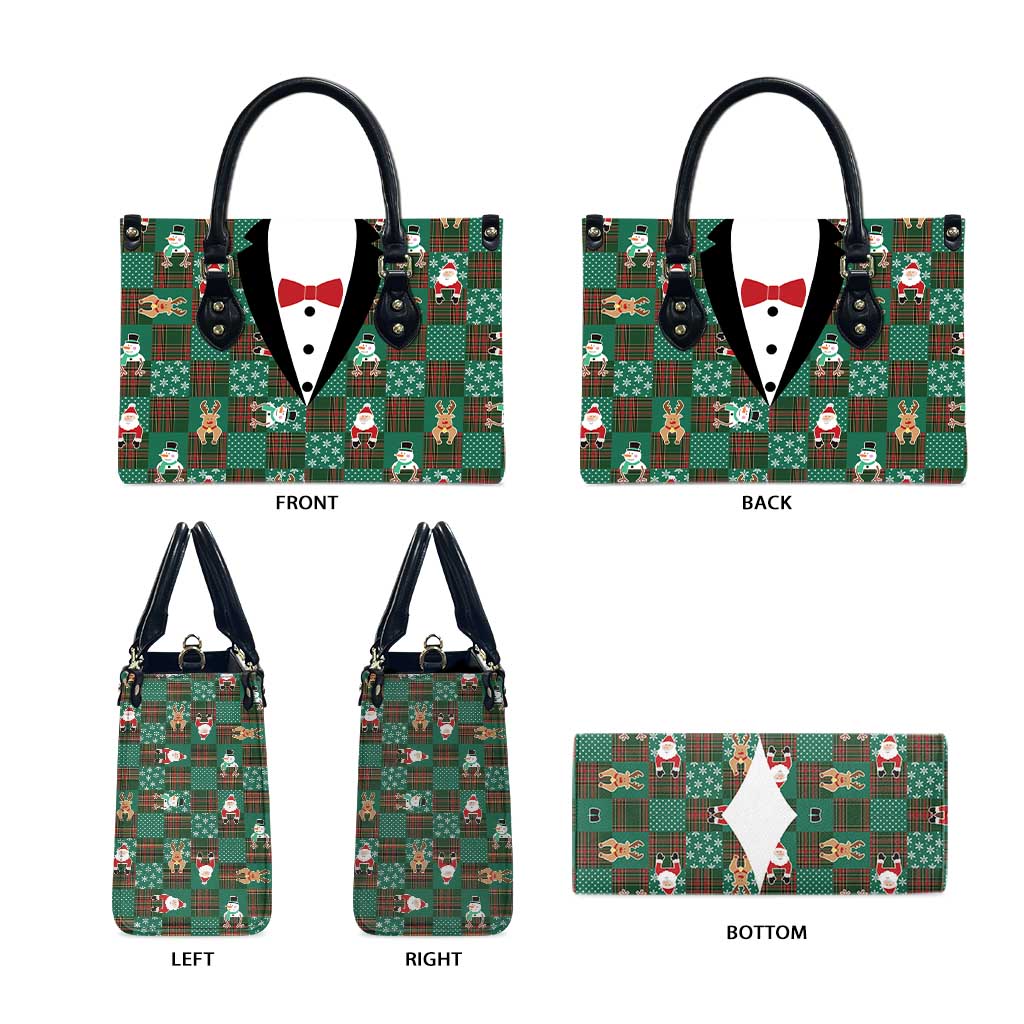 Christmas Patchwork Fake Tuxedo Leather Bag Santa and Reindeer Green Plaid Style - Wonder Print Shop