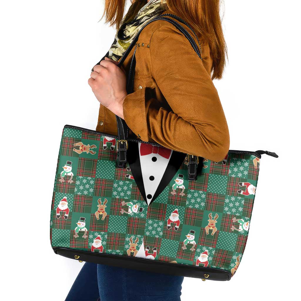 Christmas Patchwork Fake Tuxedo Leather Tote Bag Santa and Reindeer Green Plaid Style - Wonder Print Shop