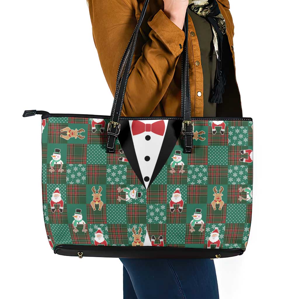 Christmas Patchwork Fake Tuxedo Leather Tote Bag Santa and Reindeer Green Plaid Style - Wonder Print Shop