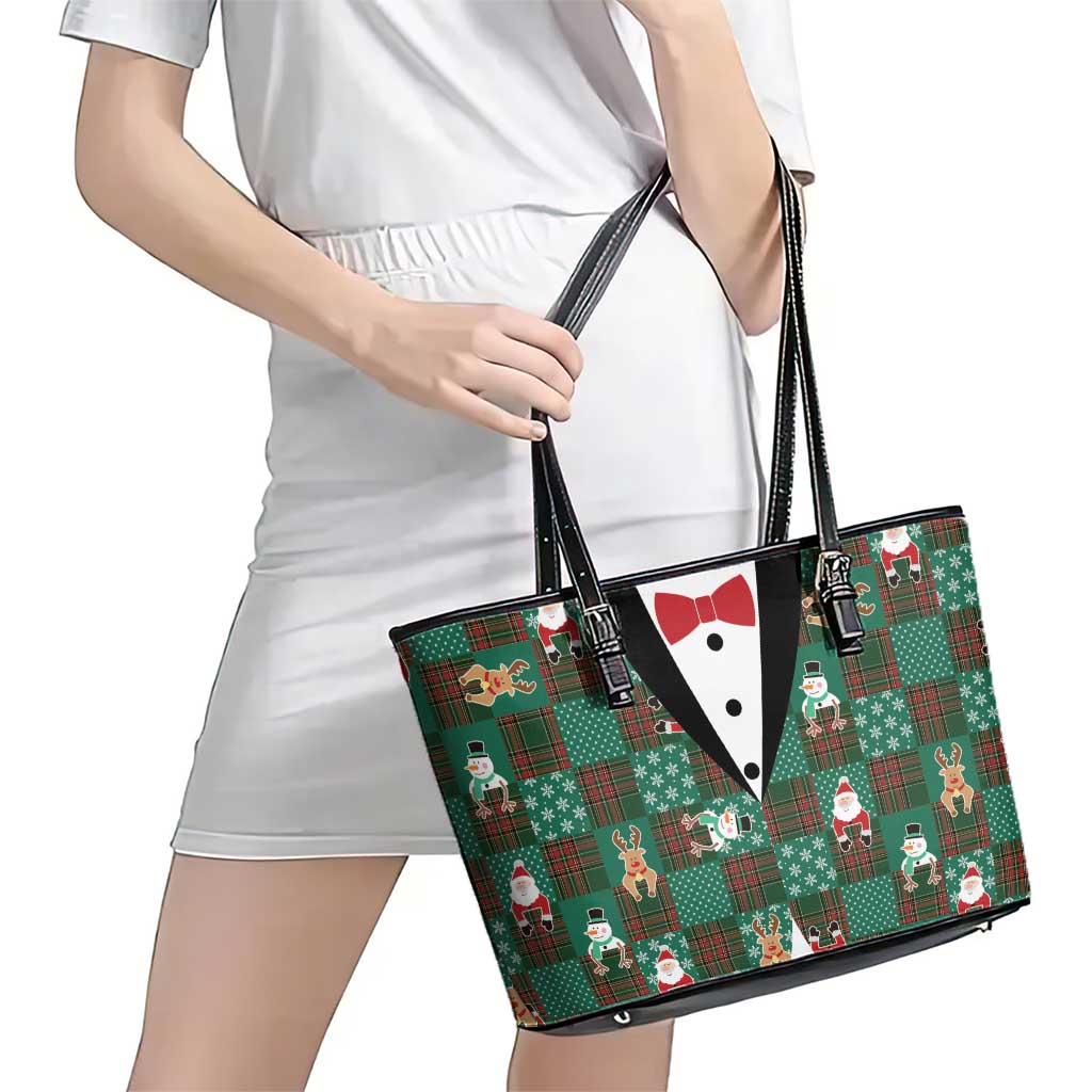 Christmas Patchwork Fake Tuxedo Leather Tote Bag Santa and Reindeer Green Plaid Style - Wonder Print Shop
