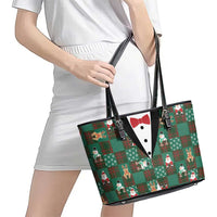 Christmas Patchwork Fake Tuxedo Leather Tote Bag Santa and Reindeer Green Plaid Style - Wonder Print Shop