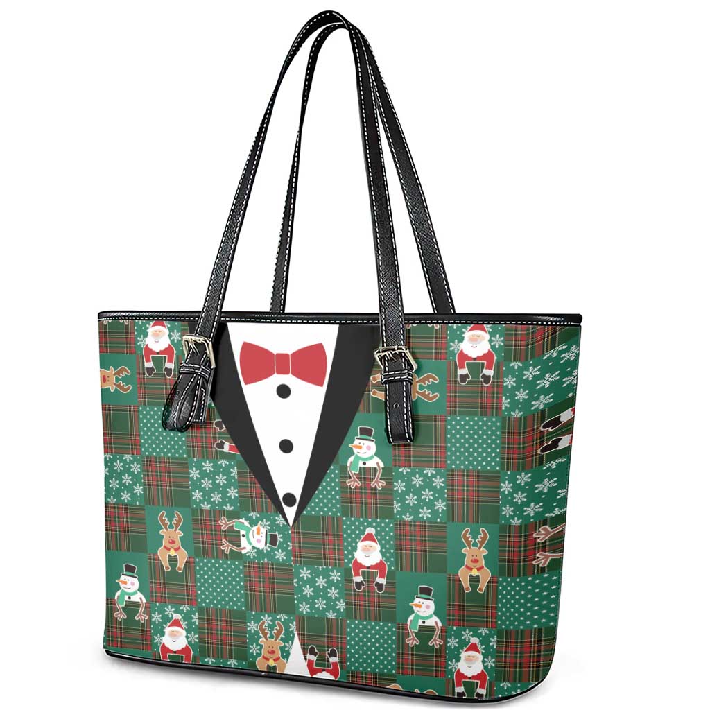 Christmas Patchwork Fake Tuxedo Leather Tote Bag Santa and Reindeer Green Plaid Style - Wonder Print Shop