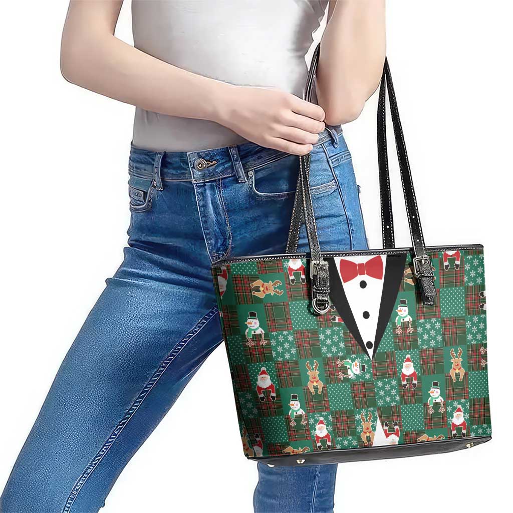 Christmas Patchwork Fake Tuxedo Leather Tote Bag Santa and Reindeer Green Plaid Style - Wonder Print Shop