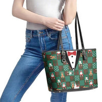 Christmas Patchwork Fake Tuxedo Leather Tote Bag Santa and Reindeer Green Plaid Style - Wonder Print Shop