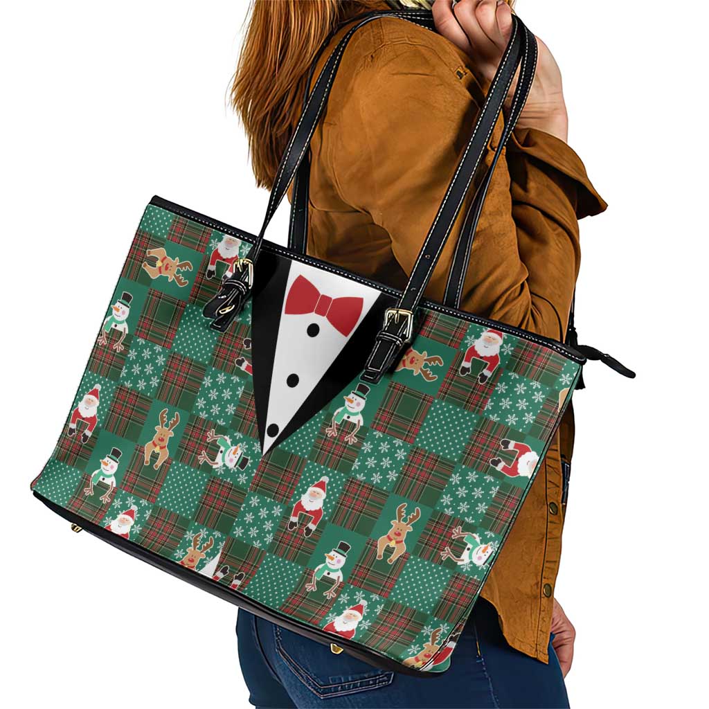 Christmas Patchwork Fake Tuxedo Leather Tote Bag Santa and Reindeer Green Plaid Style - Wonder Print Shop