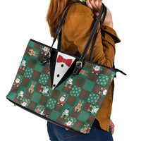 Christmas Patchwork Fake Tuxedo Leather Tote Bag Santa and Reindeer Green Plaid Style - Wonder Print Shop