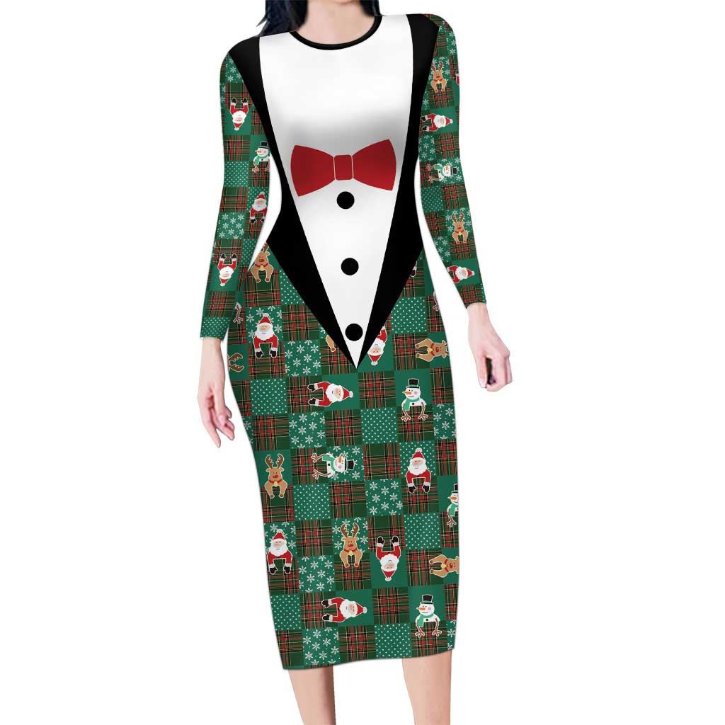 Christmas Patchwork Fake Tuxedo Long Sleeve Bodycon Dress Santa and Reindeer Green Plaid Style - Wonder Print Shop