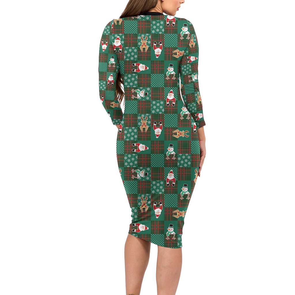 Christmas Patchwork Fake Tuxedo Long Sleeve Bodycon Dress Santa and Reindeer Green Plaid Style - Wonder Print Shop