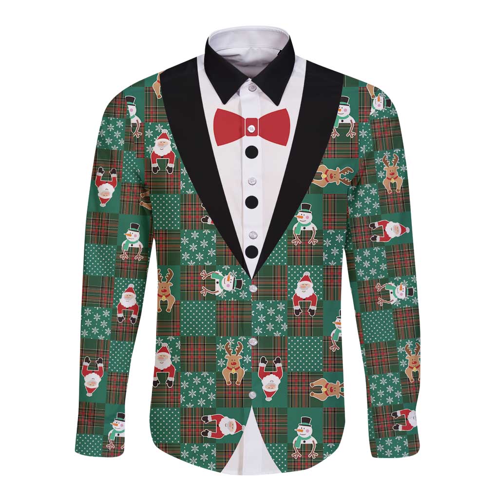 Christmas Patchwork Fake Tuxedo Long Sleeve Button Shirt Santa and Reindeer Green Plaid Style - Wonder Print Shop