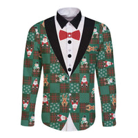 Christmas Patchwork Fake Tuxedo Long Sleeve Button Shirt Santa and Reindeer Green Plaid Style - Wonder Print Shop
