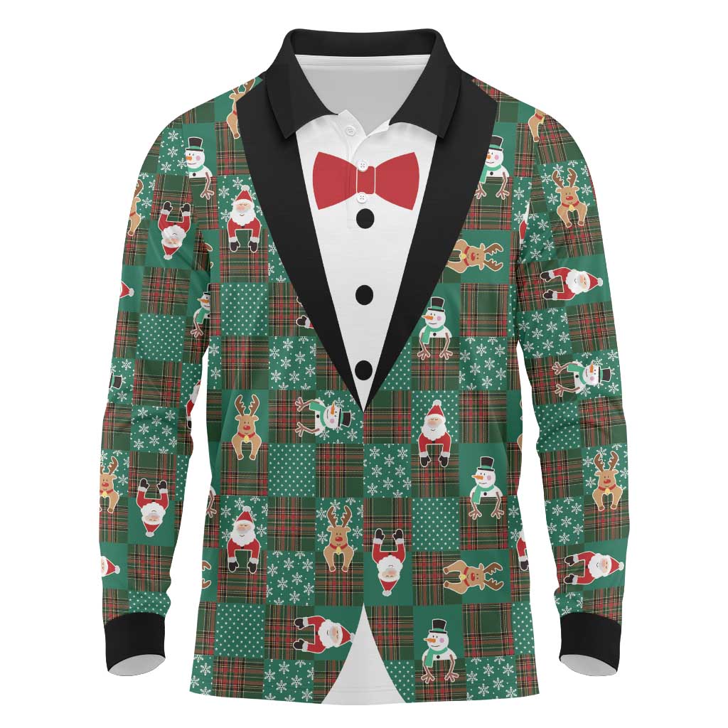 Christmas Patchwork Fake Tuxedo Long Sleeve Polo Shirt Santa and Reindeer Green Plaid Style - Wonder Print Shop