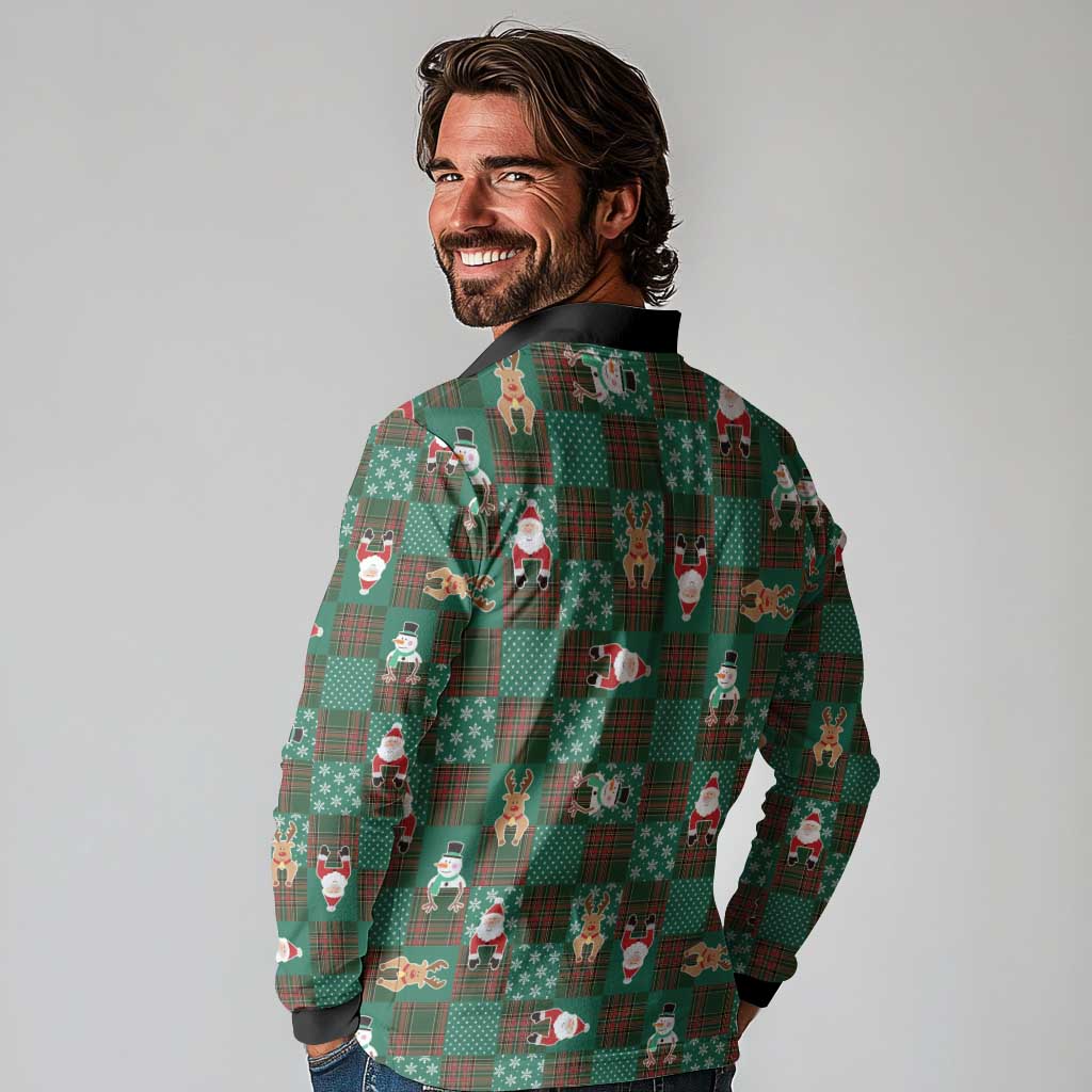 Christmas Patchwork Fake Tuxedo Long Sleeve Polo Shirt Santa and Reindeer Green Plaid Style - Wonder Print Shop