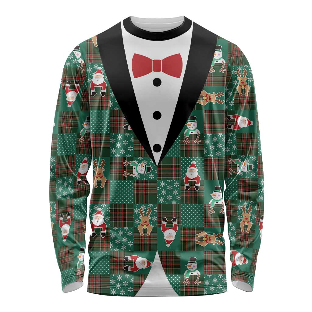 Christmas Patchwork Fake Tuxedo Long Sleeve Shirt Santa and Reindeer Green Plaid Style - Wonder Print Shop