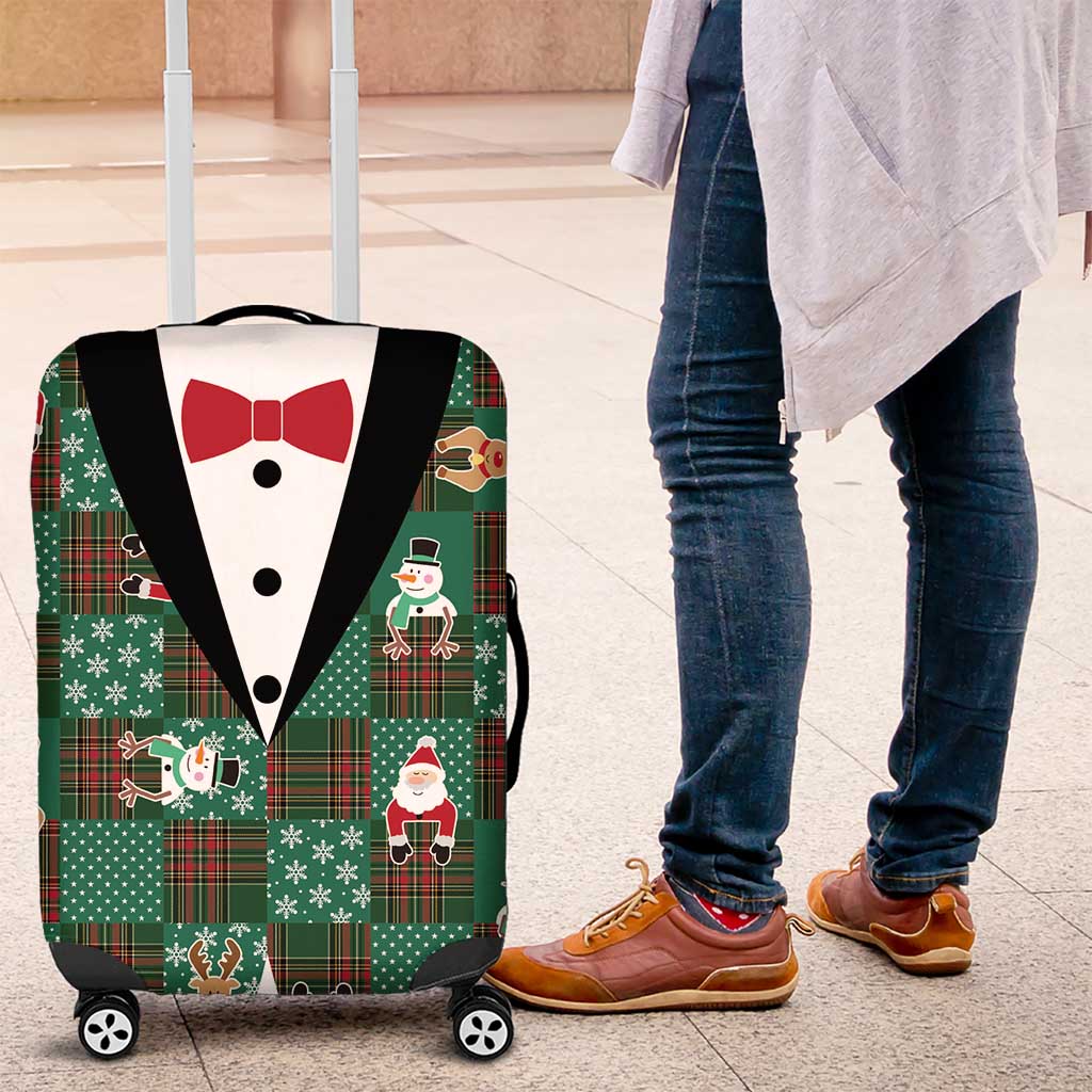 Christmas Patchwork Fake Tuxedo Luggage Cover Santa and Reindeer Green Plaid Style - Wonder Print Shop