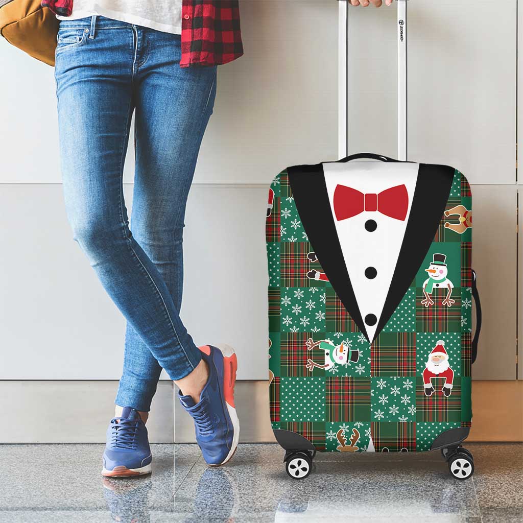 Christmas Patchwork Fake Tuxedo Luggage Cover Santa and Reindeer Green Plaid Style - Wonder Print Shop