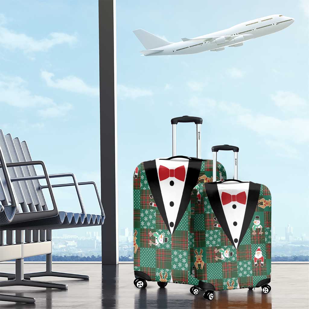 Christmas Patchwork Fake Tuxedo Luggage Cover Santa and Reindeer Green Plaid Style - Wonder Print Shop
