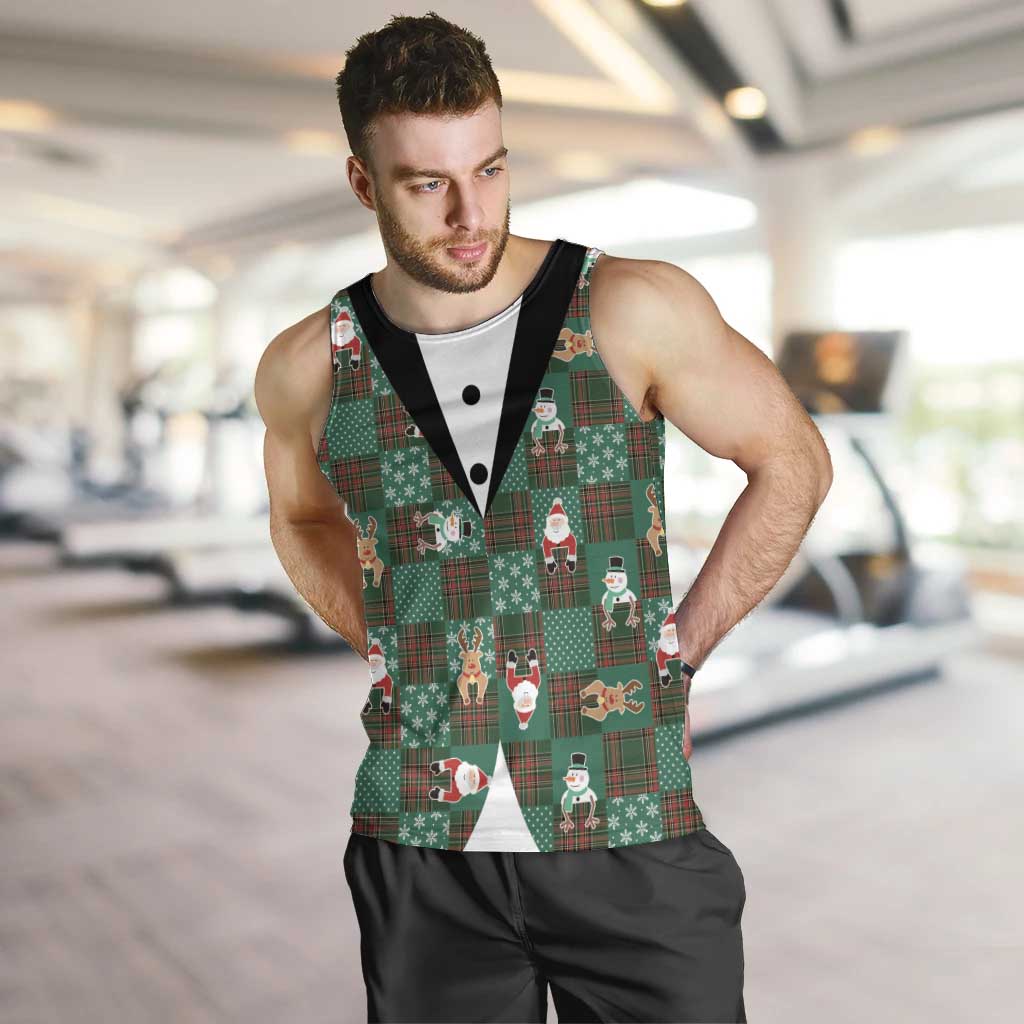 Christmas Patchwork Fake Tuxedo Men Tank Top Santa and Reindeer Green Plaid Style - Wonder Print Shop