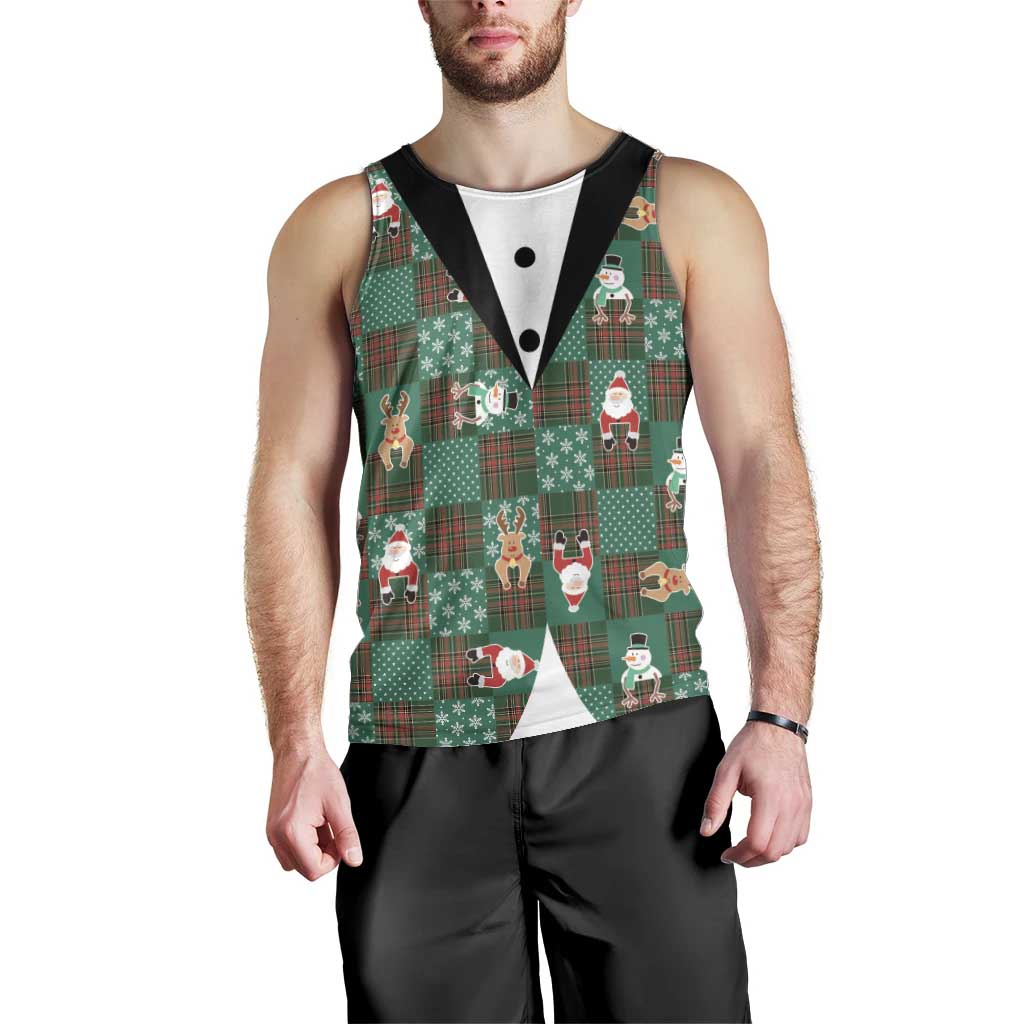 Christmas Patchwork Fake Tuxedo Men Tank Top Santa and Reindeer Green Plaid Style - Wonder Print Shop