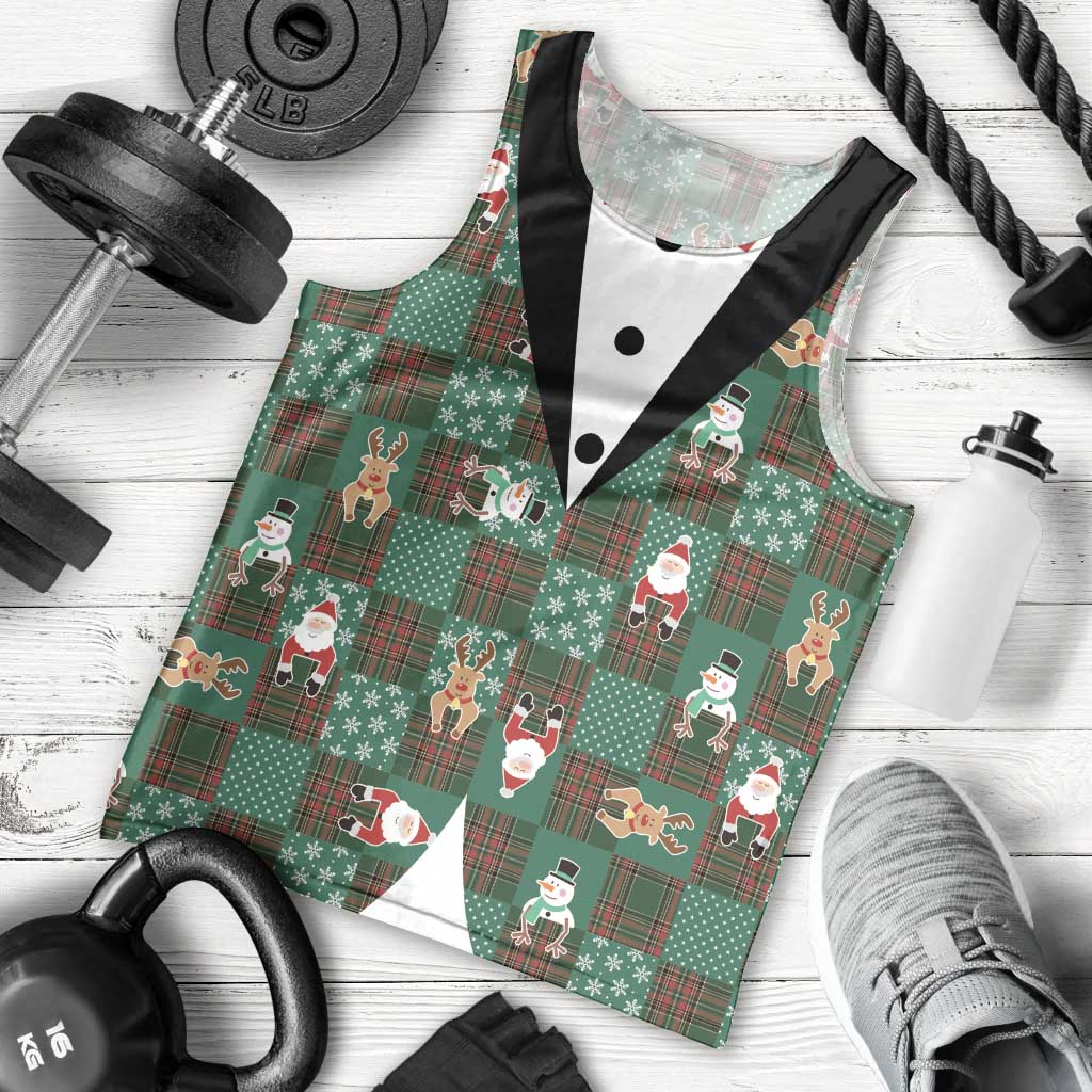 Christmas Patchwork Fake Tuxedo Men Tank Top Santa and Reindeer Green Plaid Style - Wonder Print Shop