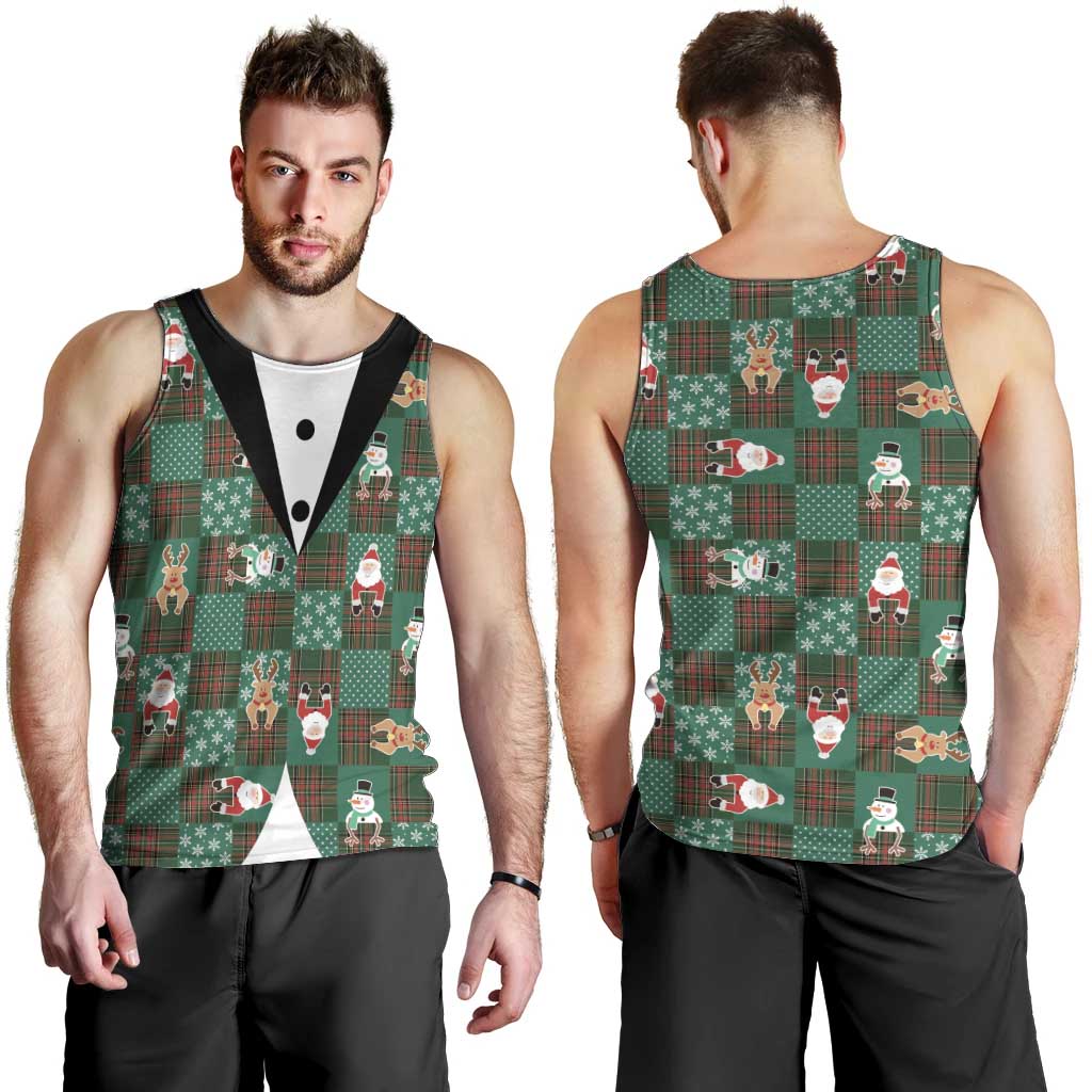 Christmas Patchwork Fake Tuxedo Men Tank Top Santa and Reindeer Green Plaid Style - Wonder Print Shop