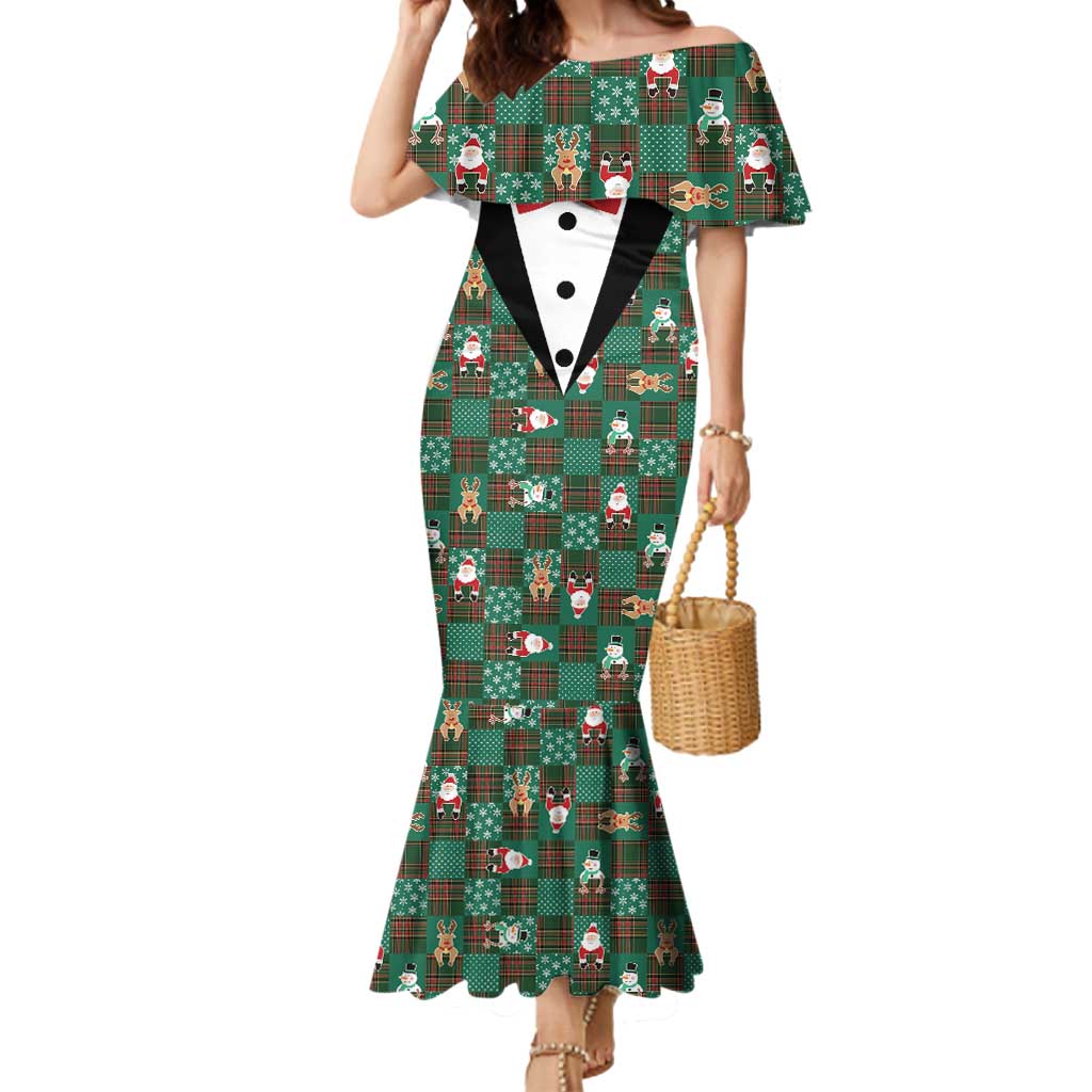 Christmas Patchwork Fake Tuxedo Mermaid Dress Santa and Reindeer Green Plaid Style - Wonder Print Shop